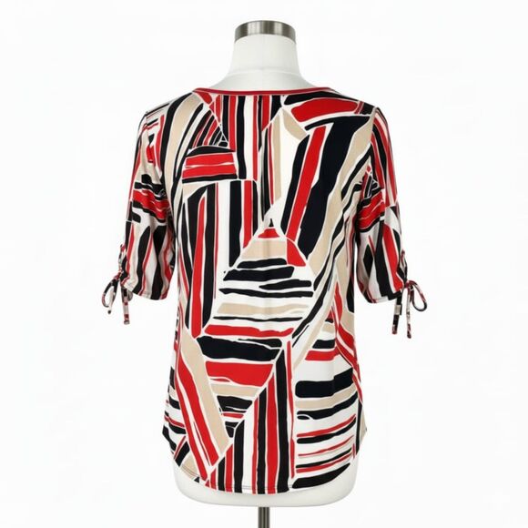 Roz & Ali Abstract Geometric Print Blouse Red Black Cream 3/4 Tie Sleeve Size L - Picture 5 of 13